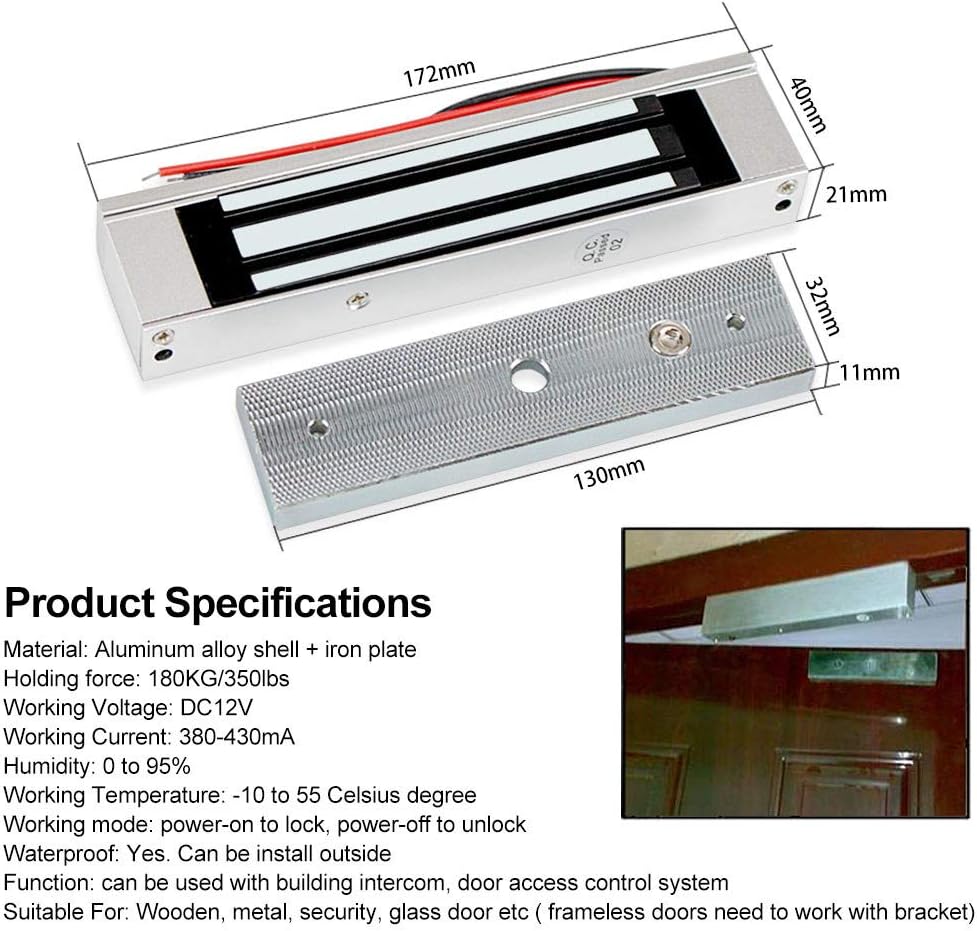 Stand-Alone Waterproof Door Access Control System Kit with 180KG/350lbs Electric Magnetic Lock + Power Supply+Door Exit Button+10pcs Blue Keyfobs