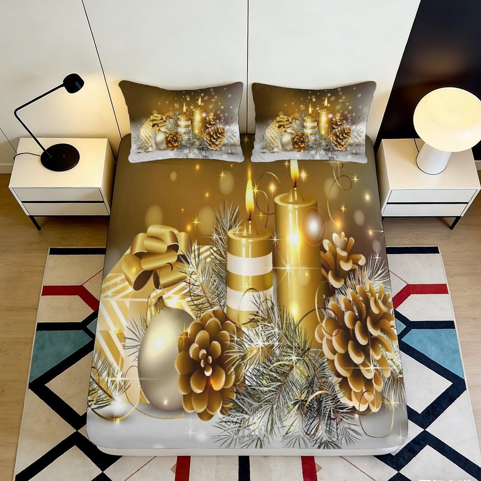 3D Printed Golden Candle Fitted Sheet Microfiber Soft Pine Cone Christmas Bed Cover for Bedroom Guest Room Decor 90x200x25cm
