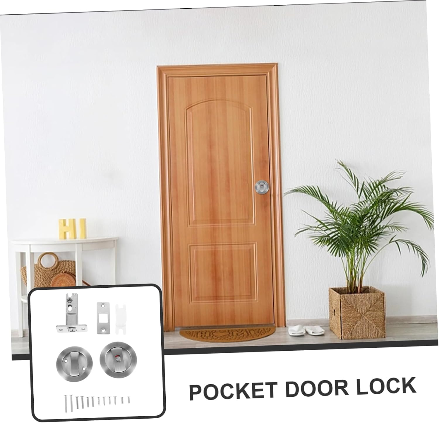 POPETPOP Pocket Door Lock Privacy Latch Satin Nickel Hardware for Bathrooms Sliding Door Security Suitable for Interior Use