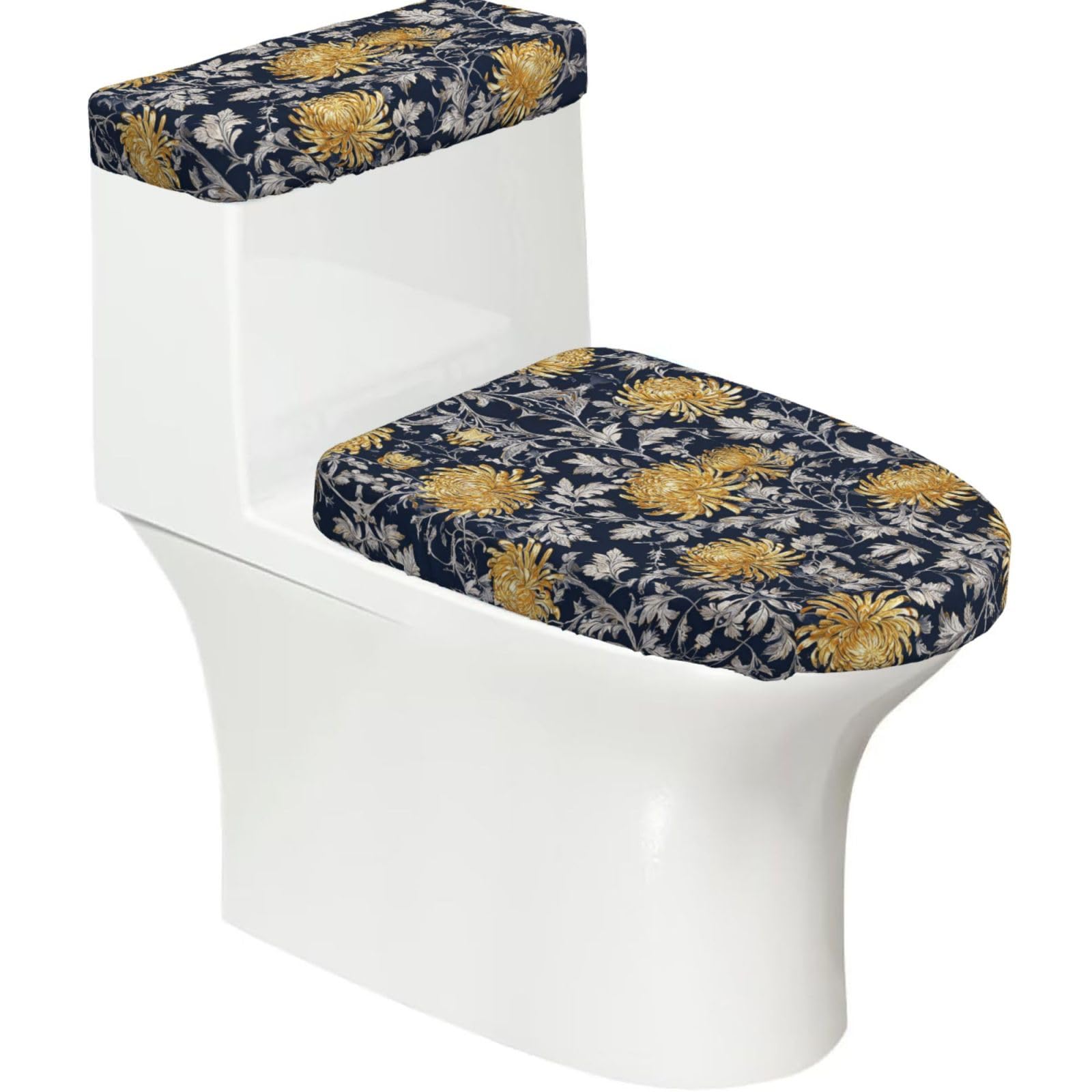 Navy Chrysanthemum Elastic Toilet Cover Set of 2-Stretchy Lid and Tank Covers for Bathroom, Soft Washable U Shape Toilet Decor
