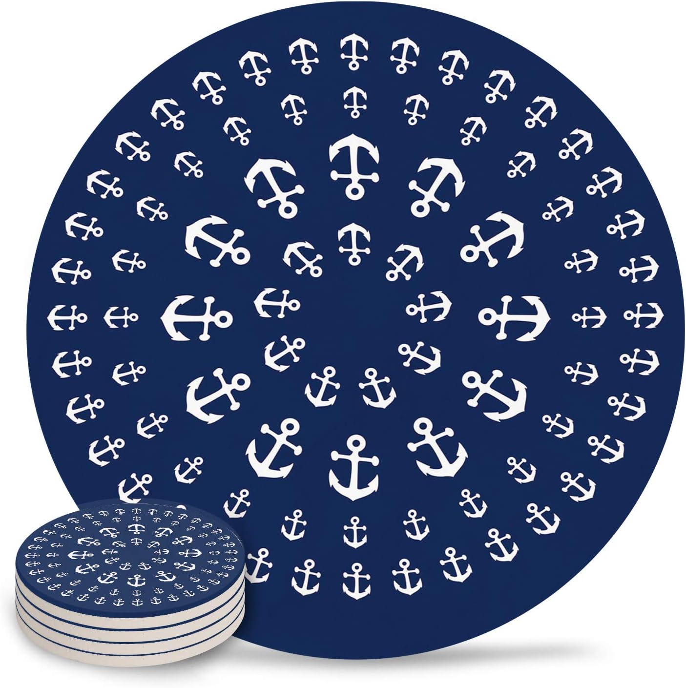 Drink Coasters Nautical Anchor Mandala Zentable,Absorbent Stone Ceramic Round Coaster for Drinks Set of 4 Piece, Navy Blue and White Mugs Cup Mats for Kitchen Table Bar Coffee Desk
