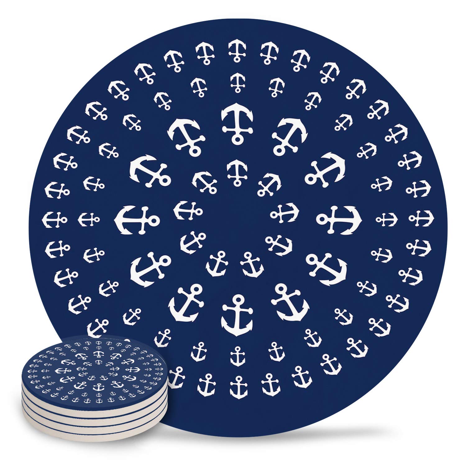 Drink Coasters Nautical Anchor Mandala Zentable,Absorbent Stone Ceramic Round Coaster for Drinks Set of 4 Piece, Navy Blue and White Mugs Cup Mats for Kitchen Table Bar Coffee Desk