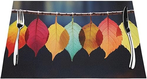 Miniatura 7 de 6 PCS PVC Placemats Set Place Mats Colorful Leaves Non-Slip Weave Place Mats 12" x 18" Farmhouse Durable Table Mat Set for Family Dinners Wedding
