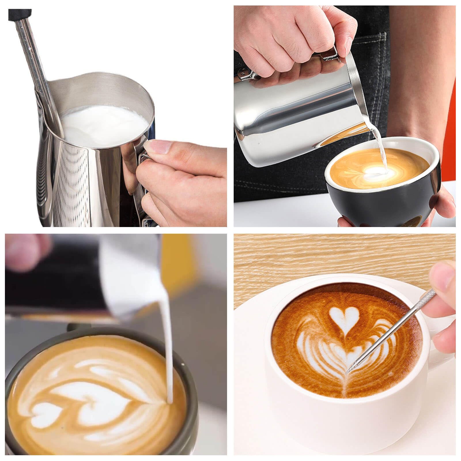Milchkännchen Edelstahl 350ml, Edelstahl Milchkanne mit Messung inkl. Latte Art Pen, Milch Pitcher Perfekt für Cappuccino Espresso Latte Art Ausguss