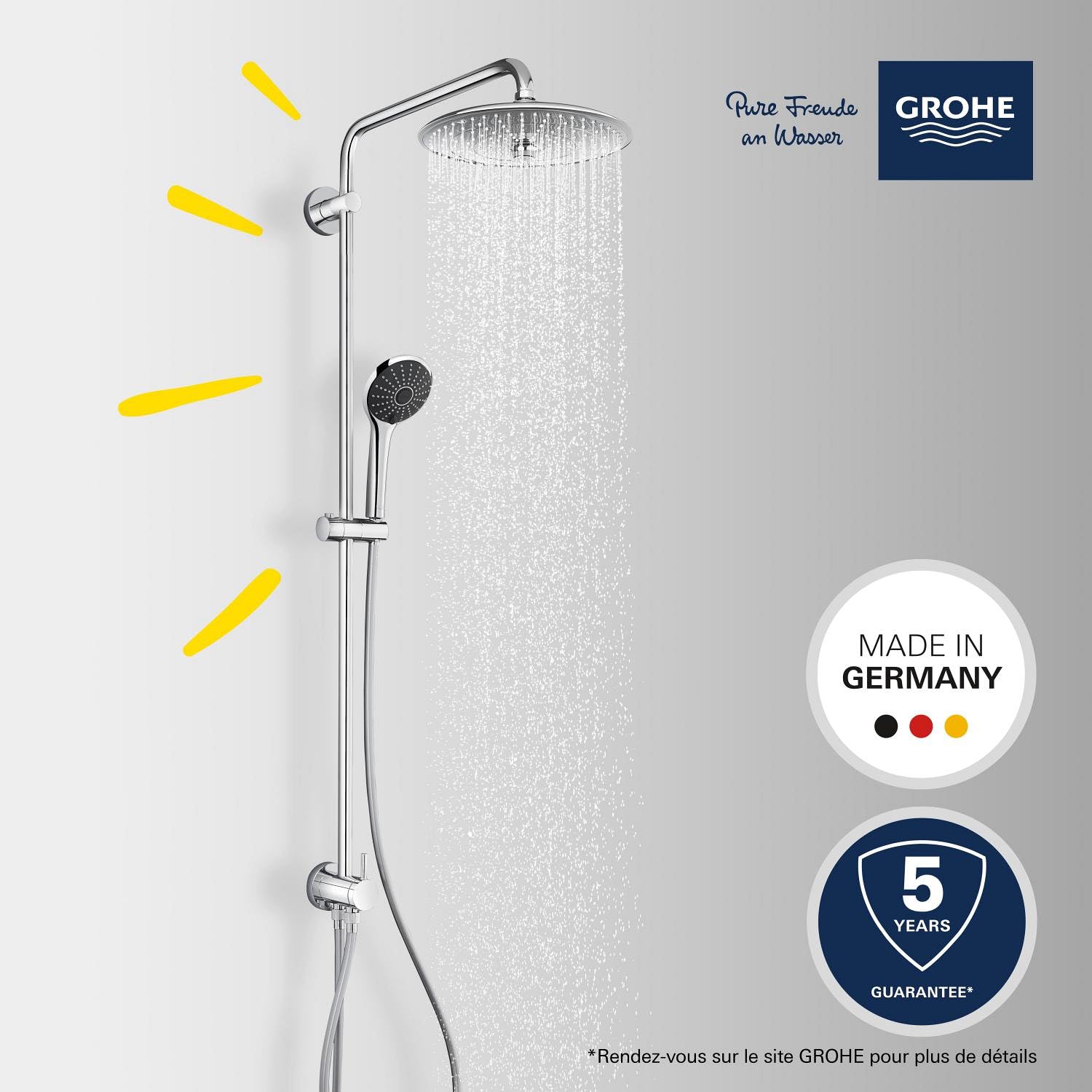 GROHE Colonne de douche avec inverseur Vitalio Joy 260, douche apparente, tête de douche 250mm, barre orientable, pommeau de douche Vitalio Joy 110 3 jets, chromé, 27357002 (Import Allemagne)
