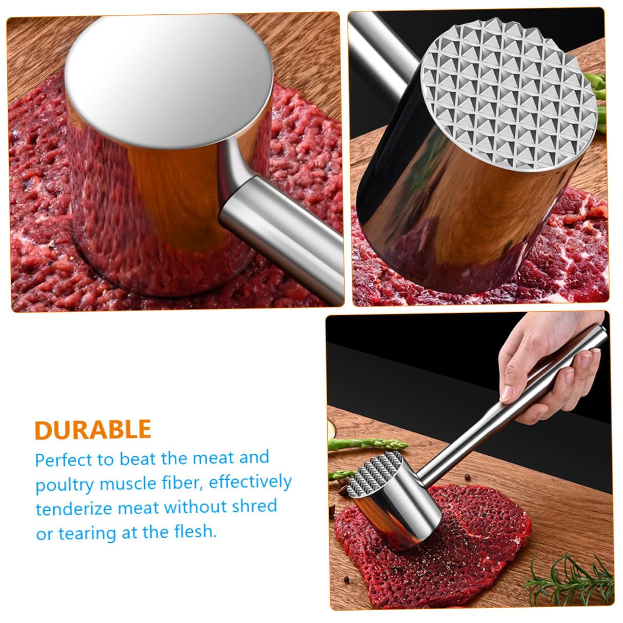 Multifunktionaler Fleischklopfer aus Hochwertigem Edelstahl Doppelseitiger Fleischhammer mit Nadel und Glatter Fläche zum Zartmachen von Steak Huhn und Schweinefleisch Ergonomisch