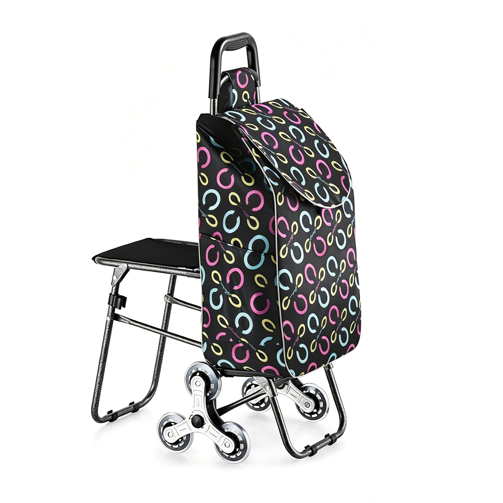 JYHCD Foldable Shopping Trolley with Attached Seat, 6-Wheel Stair Climbing Design for Grocery Transport, Portable Pull Cart for Household Shopping with Large Capacity Storage Bag,C