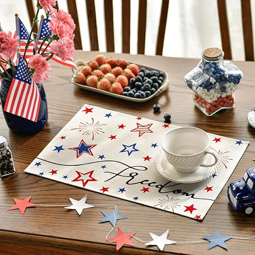 Miniatura 9 de Artoid Mode Juego de 4 manteles individuales redondos patrióticos Freedom Stars de 15 pulgadas, decoración del día de los veteranos, manteles