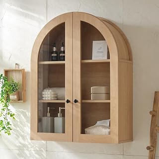NOWABAY Arched Bathroom Wall Cabinet Over Toilet 23.6x31.4 Inch Wood Storage with Glass Doors Adjustable Shelves Natural