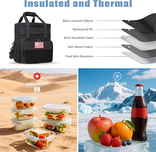 Miniatura 5 de Lonchera aislada de 16 L para hombres y mujeres, lonchera táctica de doble cubierta con forro resistente a fugas, correa de hombro ajustable para el