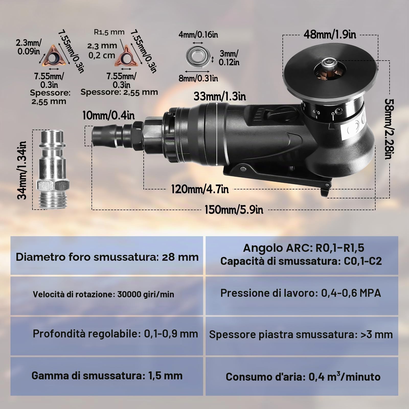 Set di smussatori pneumatici 2-in-1 a 45° con lama e cuscinetti, strumenti manuali di levigatura per angoli curvi, ingresso aria da 1/4 di pollice per smussatura di metallo, levigatura del