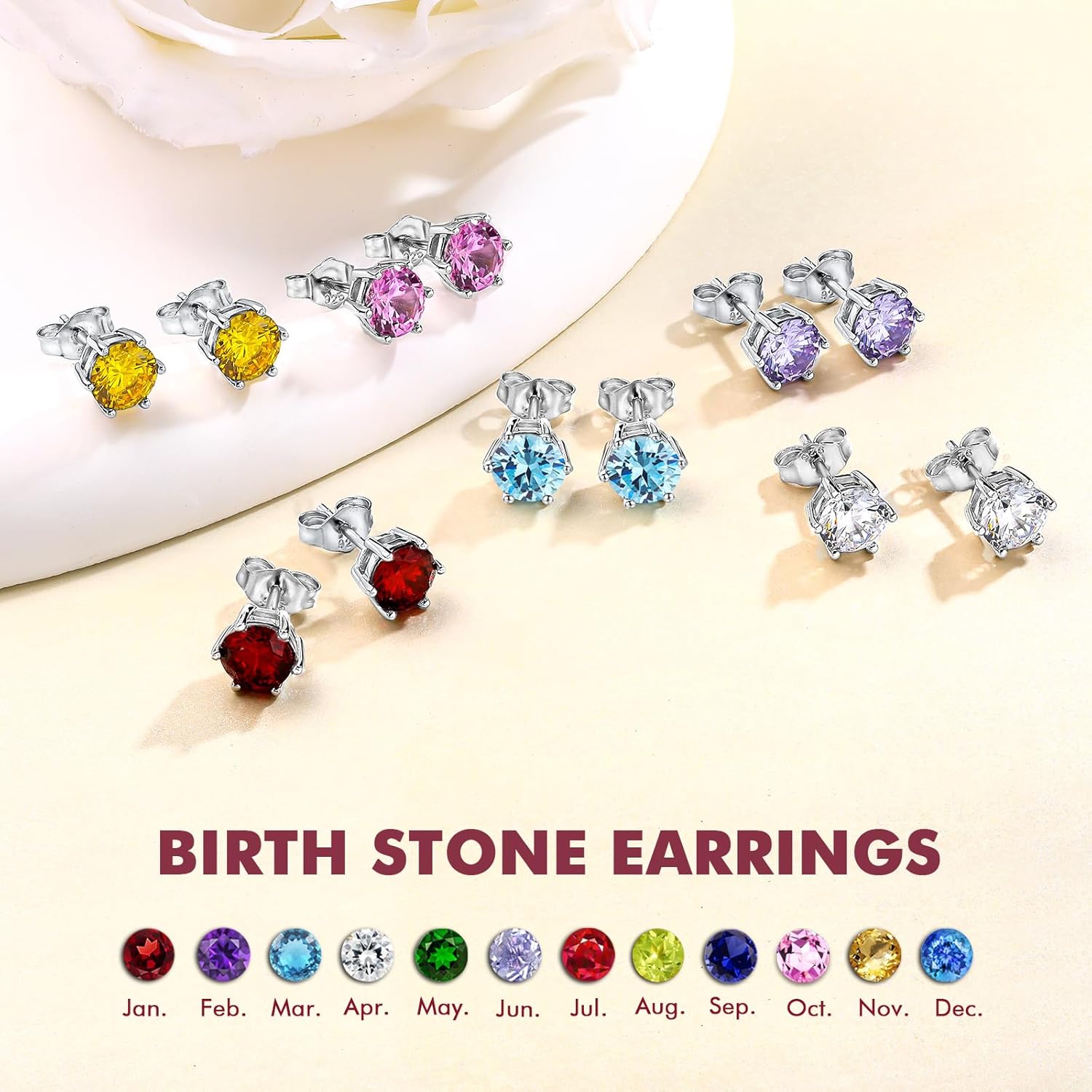 DAYBYDAY 925 Sterling Silver Birthstone Earrings for Women, Crystal Stud Earrings, 6.5mm Round Cut Solitaire Gemstone Earrings Birthday Jewelry - Image 4