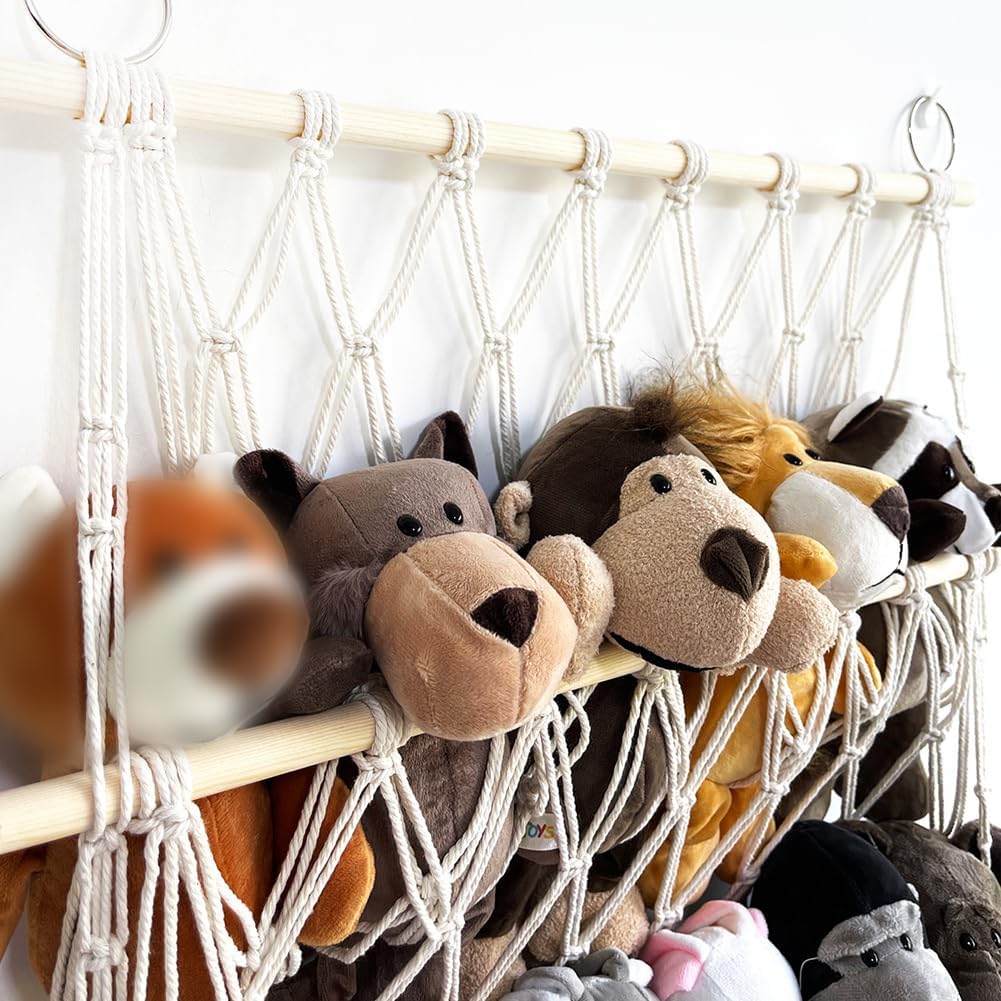 Amaca Portapeluche con Corda di Cotone - Rete Sospesa Intrecciata a Mano per Camera dei Bambini
