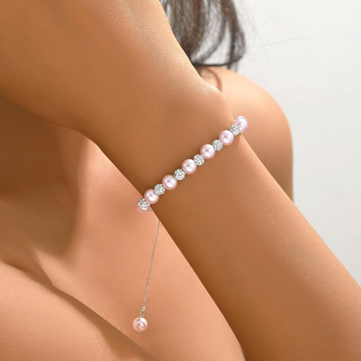 Pink Pearl Crystal Bracelet for Women 925 Sterling Silver Dainty Cubic Zirconia Ball Bracelet to Daughter Mom Elegant Sparkling Pearl Alternating Bead Chain Valentines Day Sorority Jewelry Gifts - Image 2