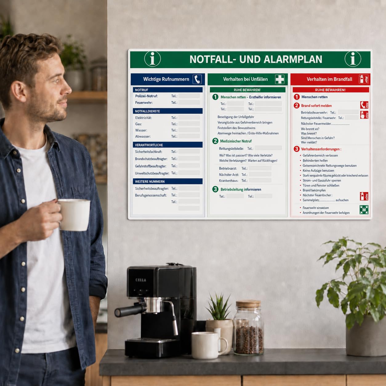 Señal de emergencia y alarma 600 x 400 mm | Cartel de seguridad con números de emergencia para escribir | Comportamiento en accidentes y casos de incendio | PVC duro para oficina, taller, escuela