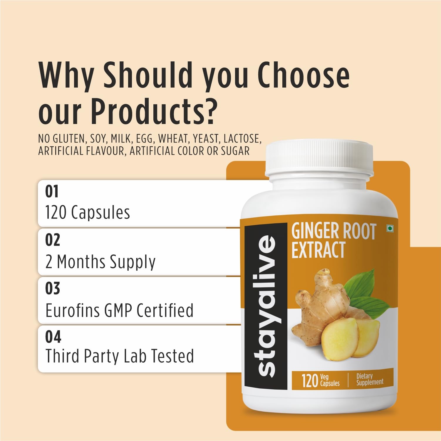 StayAlive Pure Ginger Root Extract 10,000mg with 5% Gingerols, 120 Ginger Root Capsules for Nausea, Immunity and Digestive Health, 10:1 Super Extract Powder, Non-GMO and Gluten-Free Ginger Supplement 3