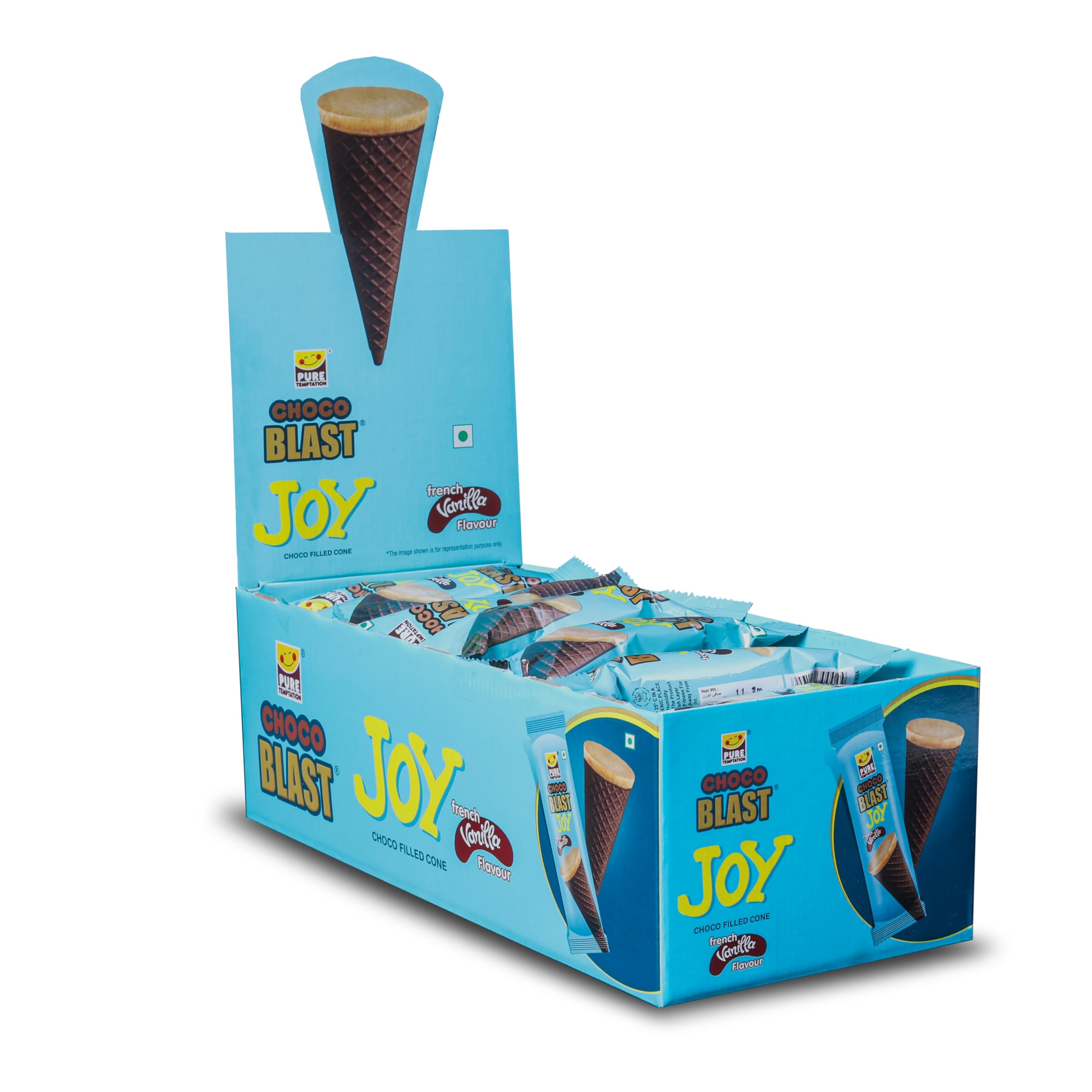 Pure Temptation Chocoblast Chocolate-Filled Waffle Cones [24 Pieces Chocolate Box] Snacks for Kids & Adults - Non-Meltable Gift Pack - Individually Wrapped Chocolate Cone Bites - Joy Vanilla