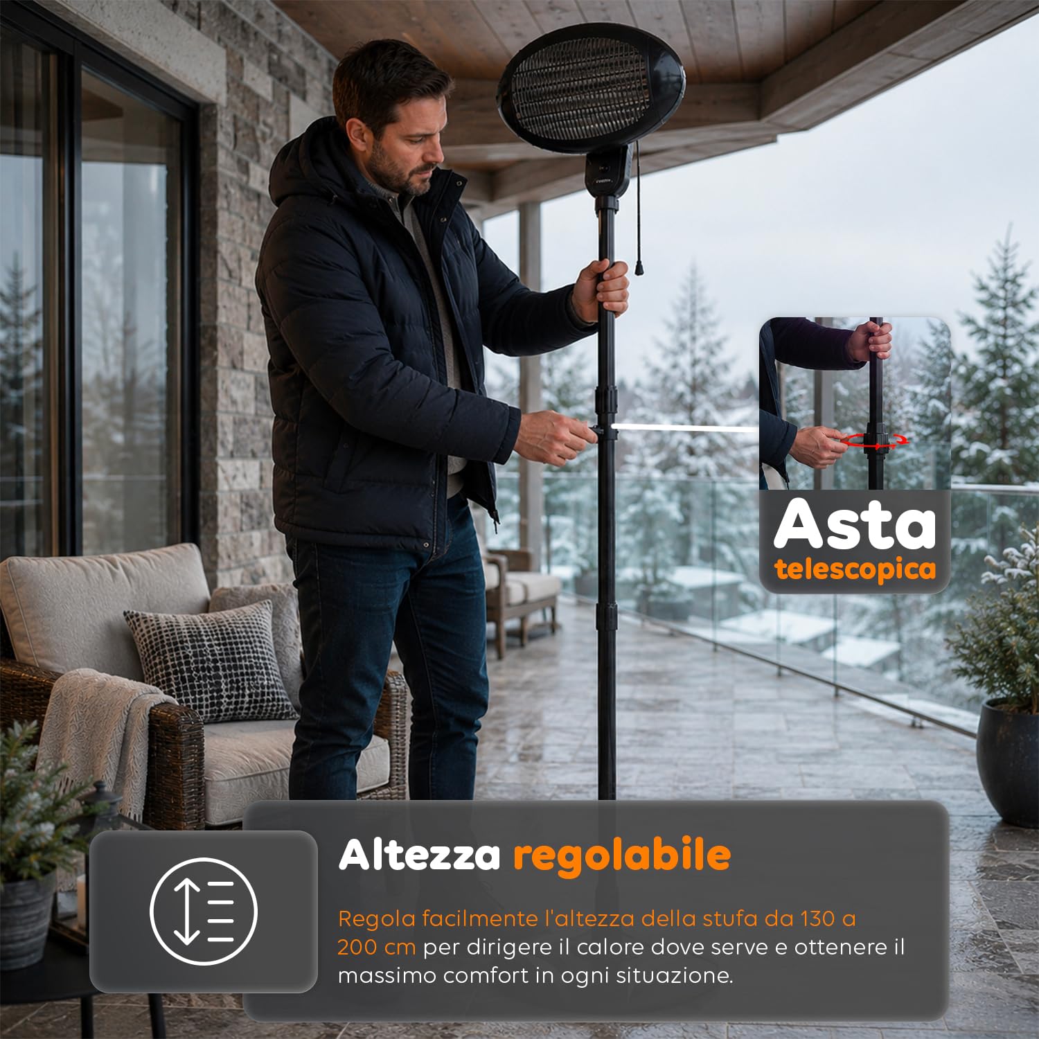 Avilia – Riscaldatore da Patio Verticale con 3 Livelli di Riscaldamento, Altezza Regolabile 130–200 cm, Testa Inclinabile a 45°, Riscaldamento Elettrico a Basso Consumo per Esterni
