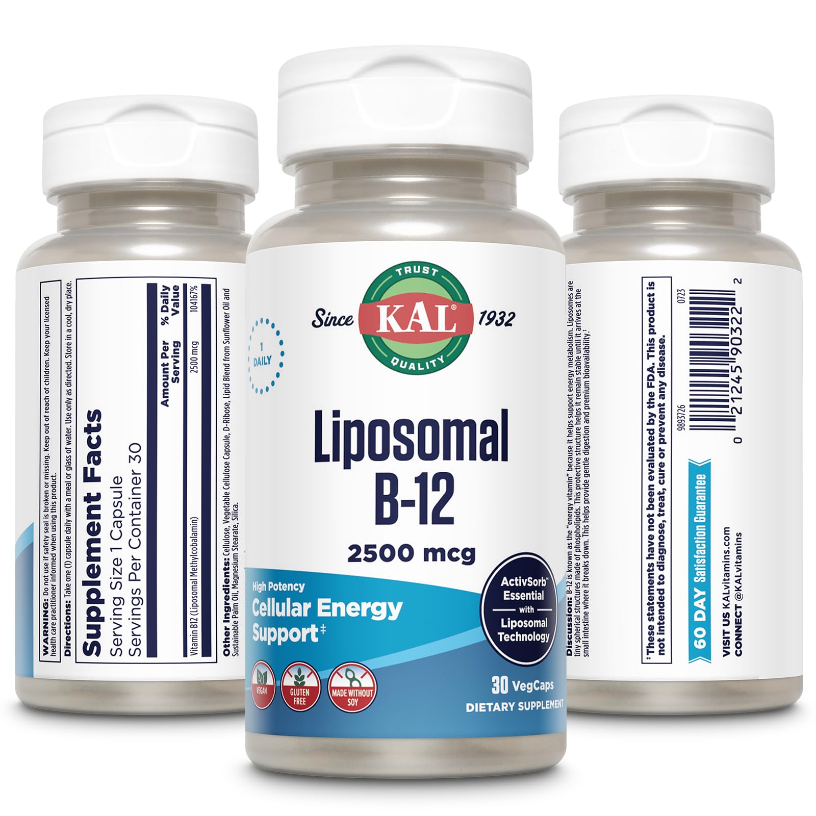 KAL Liposomal Vitamin B12 2500 mcg, High Absorption, Liposomal Technology, Cellular Energy Support, Vegan Capsules, Gluten Free, Made Without Soy, 30 Servings — Amazon image 2