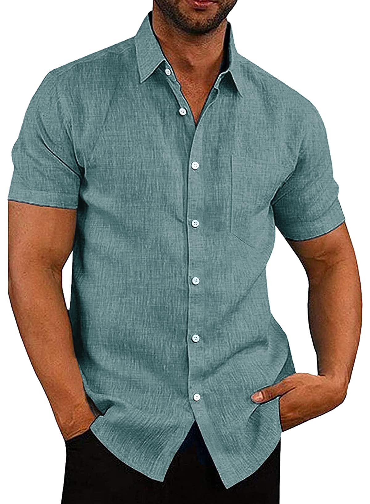 APOONABA Camisa Hombre Manga Corta Camisa Verano Casual Coton Shirts Clásico Color Sólido Camisa con Bolsillo