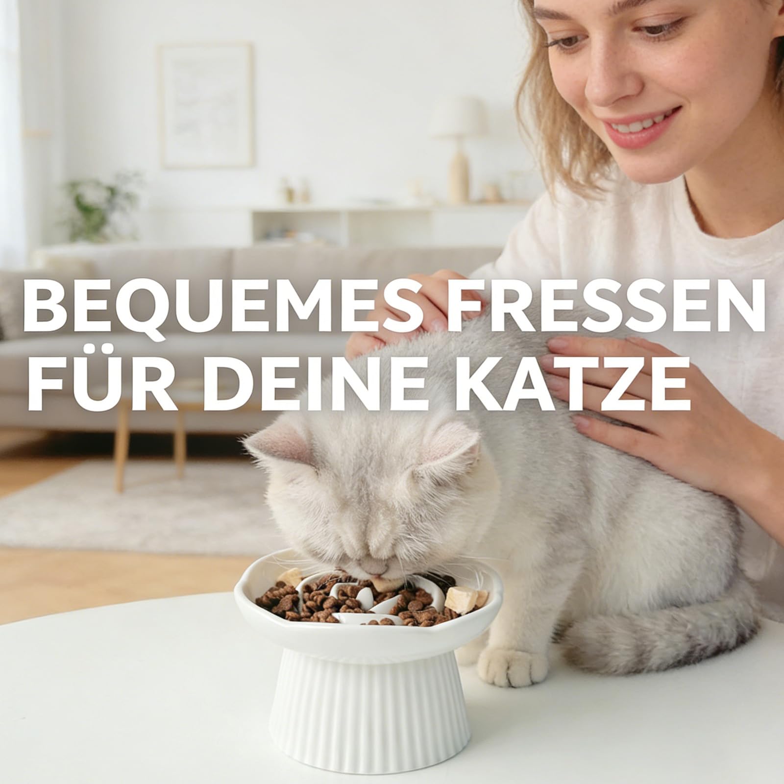 Anti Schling Napf Katze Erhöht, Keramik Antischlingnapf Katze, Slow Feeder Schlingnapf Katze für Katzen und kleine Hunde (Weiß)