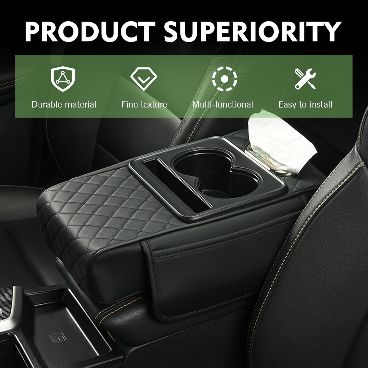 Car Armrest Box Mat, 5-in-1 PU Leather Center Console Height Storage Cover with 2 Side Bags, Multifunctional Tissue Box, Phone Slot, Cup Holder, Universal for Most Cars (Black)