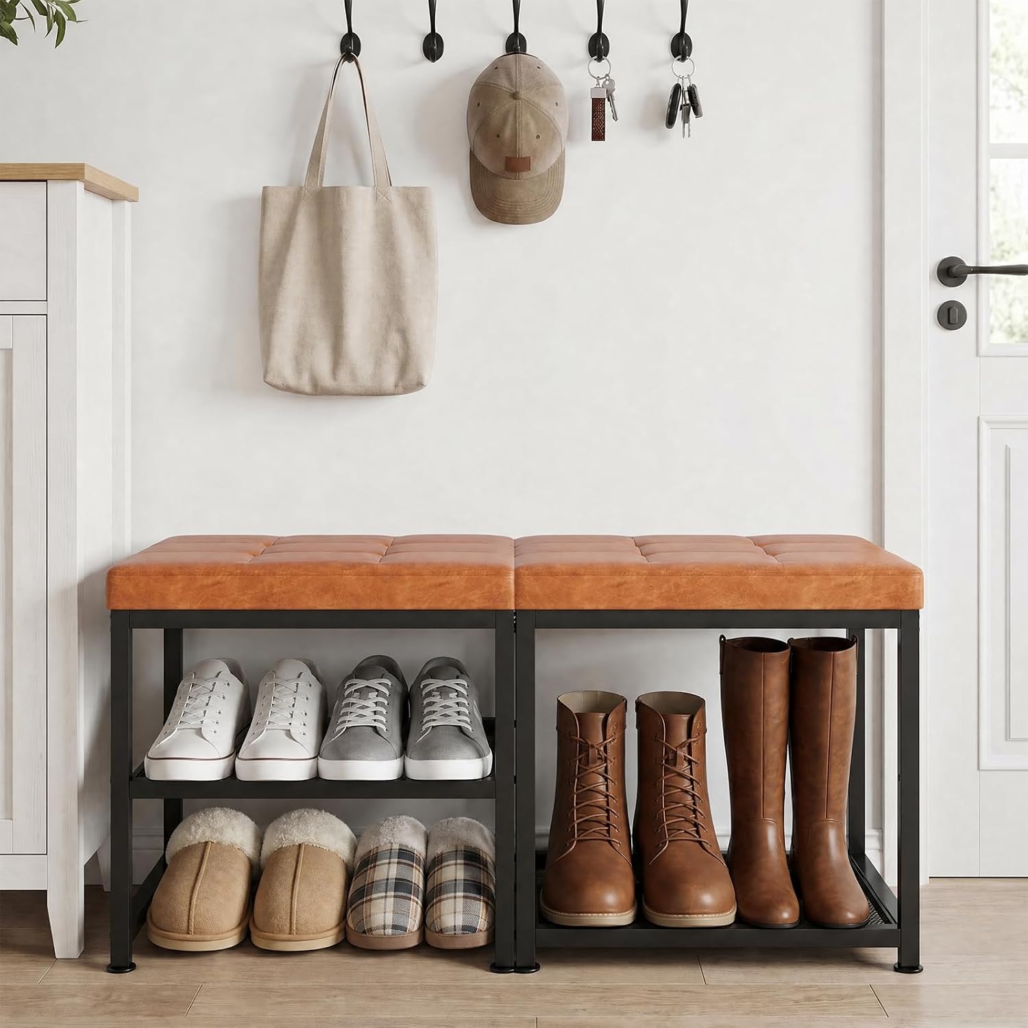 DreamDashio Set of 2 Small Shoe Storage Benches with PU Leather Cushion, 3-Tier Shoe Rack Organizer for Entryway, Metal Mesh Shelves, Holds Up to 300 lbs, Brown (31.5"x11.4"x17.5")