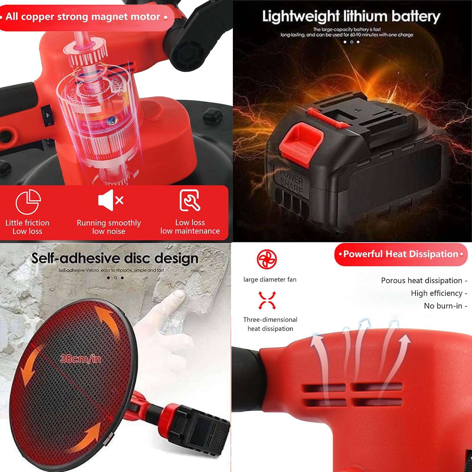 Fratasadora Eléctrica Para Mortero De Cemento De Hormigón, Enyesadora Eléctrica 1680W, Pulidora De Suelos De Hormigón, Máquina Alisadora Profesional, 6 Velocidades (2 Battery+4 pads)