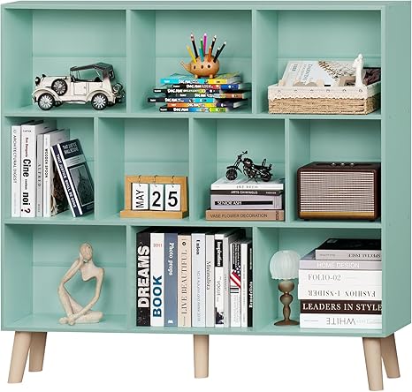 LEYAOYAO 10 Cube Bookshelf,3 Tier Modern Wide Bookcase with Legs,Mid-Century Wood Bookshelves Storage,Mint-Green Large Book Case,Freestanding Organizer Display Shelf for Bedroom,Living Room,Office