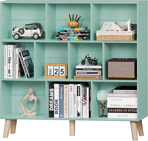 LEYAOYAO 10 Cube Bookshelf,3 Tier Modern Wide Bookcase with Legs,Mid-Century Wood Bookshelves Storage,Mint-Green Large Book Case,Freestanding Organizer Display Shelf for Bedroom,Living Room,Office