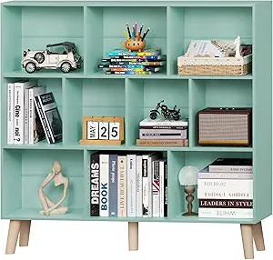 LEYAOYAO 10 Cube Bookshelf,3 Tier Modern Wide Bookcase with Legs,Mid-Century Wood Bookshelves Storage,Mint-Green Large Book Case,Freestanding Organizer Display Shelf for Bedroom,Living Room,Office