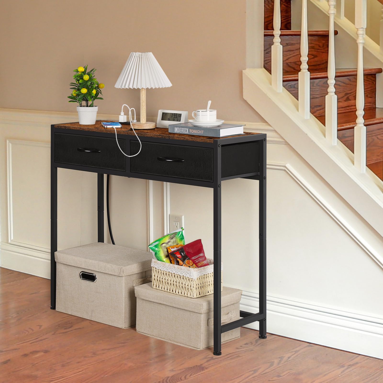 Vrisa Console Sofa Table Entryway Table with Charging Station and Fabric Drawer Behind Couch Table for Entryway, Living Room, Foyer, Hallway, Office Rustic Brown and Black