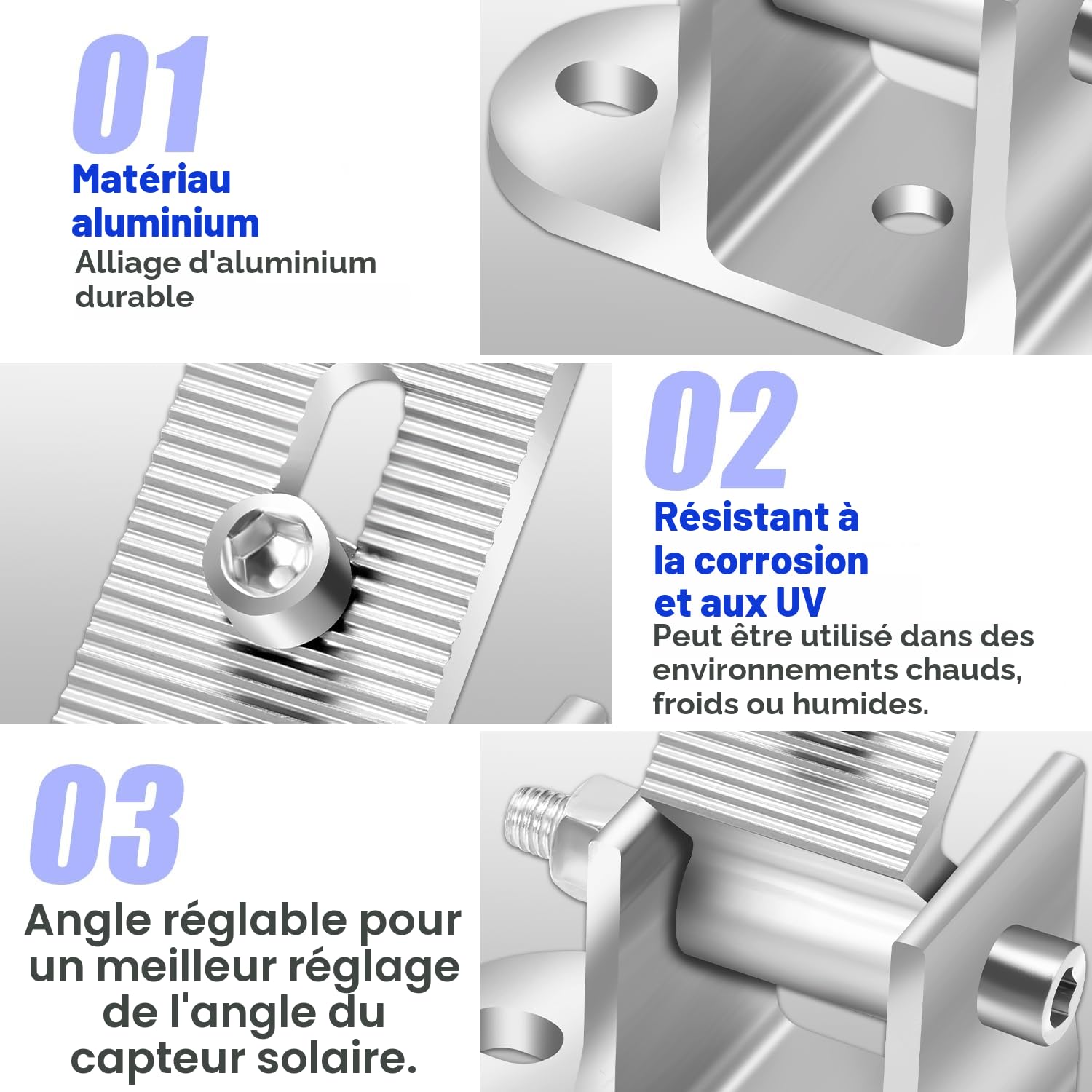Eulenke Lot de 4 paires de supports de panneau solaire, pour centrale de balcon, toit plat, angle réglable de 0 à 60 °, support pour panneau solaire, PV, photovoltaïque, fixation de panneau solaire