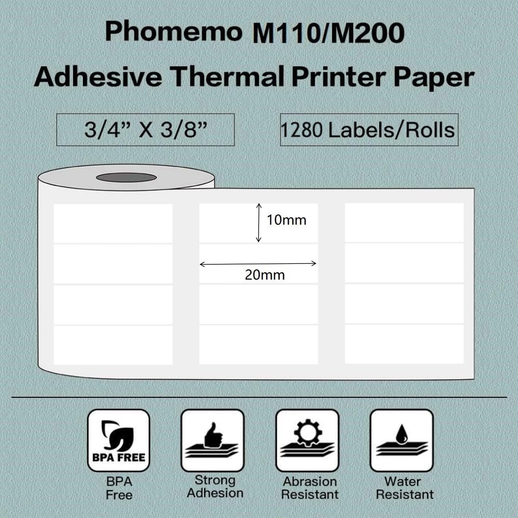 Diagram showing Phomemo M110/M200 adhesive thermal printer paper with dimensions 3/4 inch by 3/8 inch (20mm x 10mm) and 1280 labels per roll. Icons indicate BPA Free, Strong Adhesion, Abrasion Resistant, and Water Resistant features.