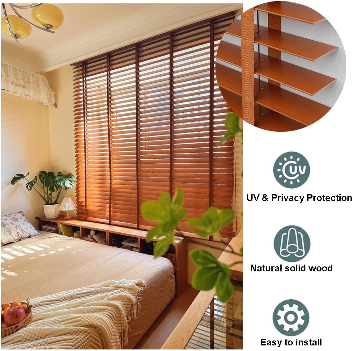 W 18" 20" 28" 36" 46" 48" 60" 64" 72" 75" Window Blinds for Indoor Windows Cordless Privacy Wooden Blinds Heat Insulation Window Shades for Bedroom Living Room(Light Brown)