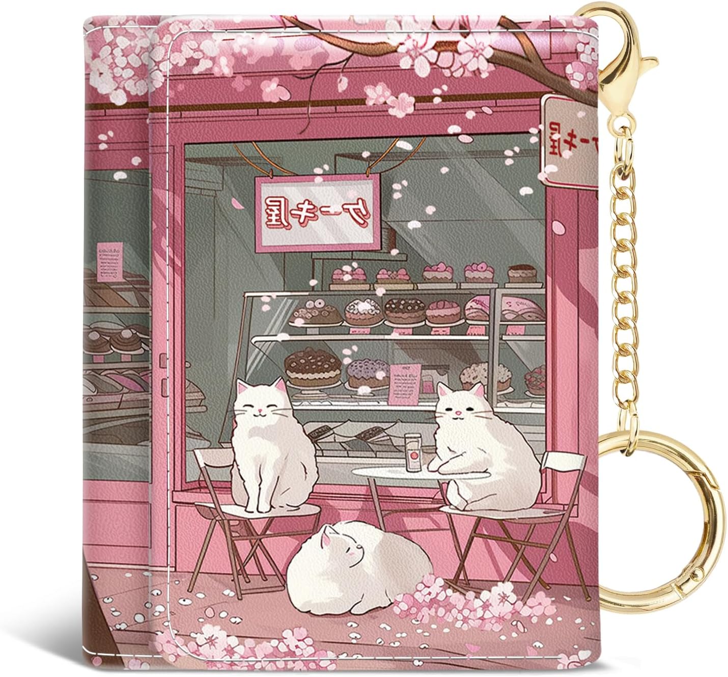 Women Wallet, Small Slim RFID Blocking Card Wallet, Tri-Fold PU Leather Card Holder Wallet Organizer with Keychain, Mini Pocket Cash Wallet with 7 Card Slots ID Window for Girls, Cute Anime Cat