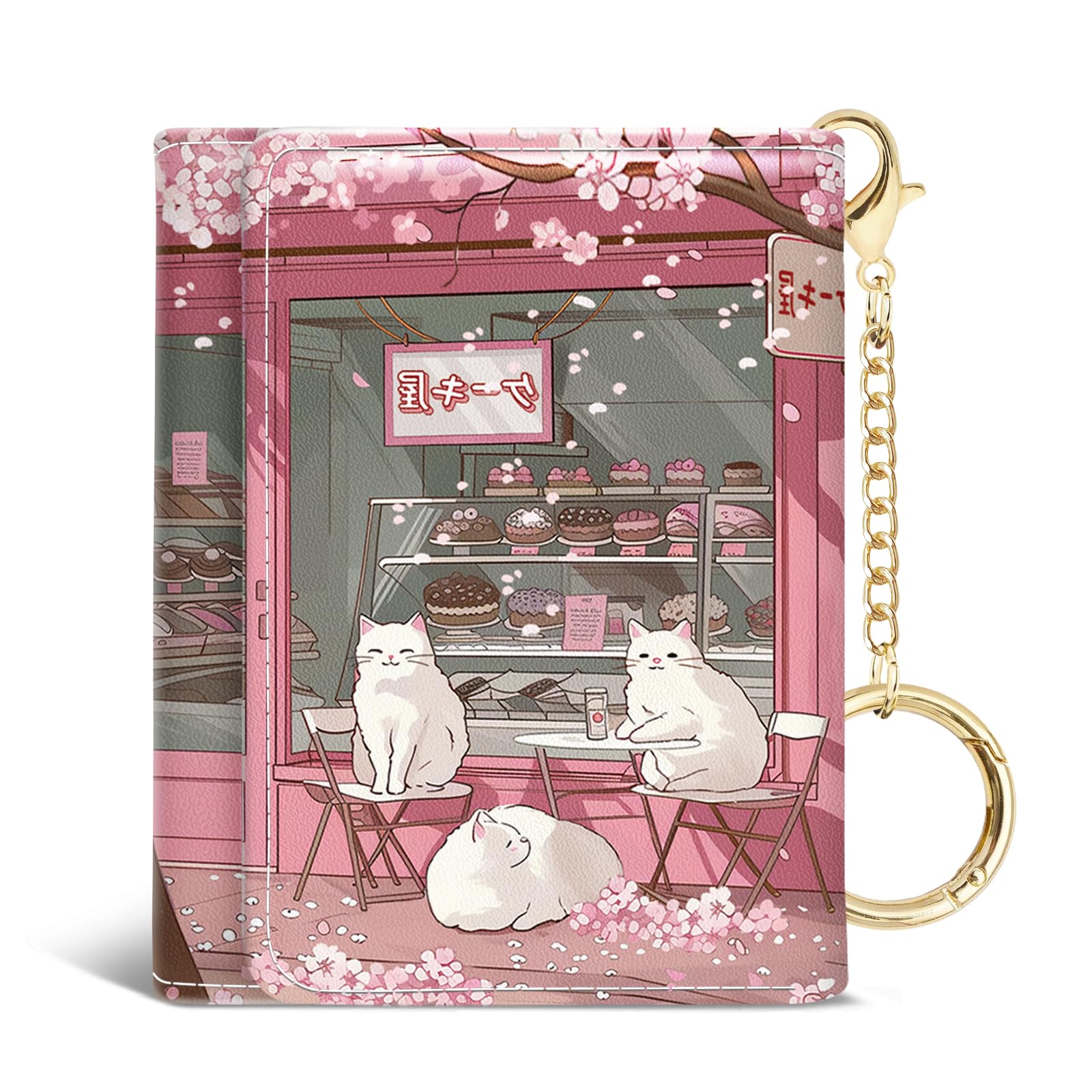 Women Wallet, Small Slim RFID Blocking Card Wallet, Tri-Fold PU Leather Card Holder Wallet Organizer with Keychain, Mini Pocket Cash Wallet with 7 Card Slots ID Window for Girls, Cute Anime Cat