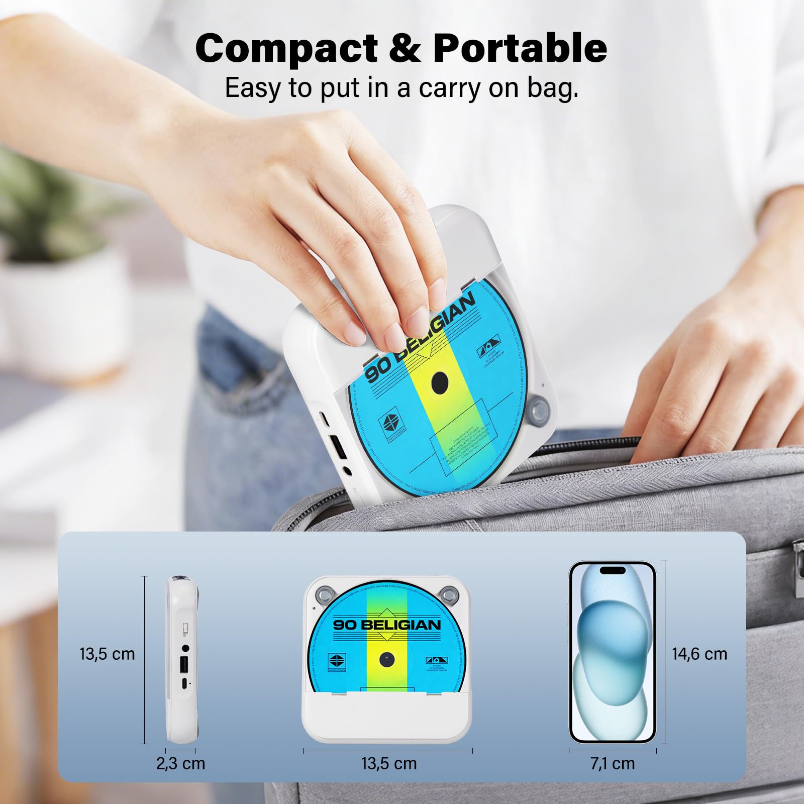 Discman piccolo lettore CD Bluetooth 5.3 con 2000mAh ricaricabile portatile lettore CD con cuffie USB e ingresso AUX per amanti della musica regalo (Bianco)