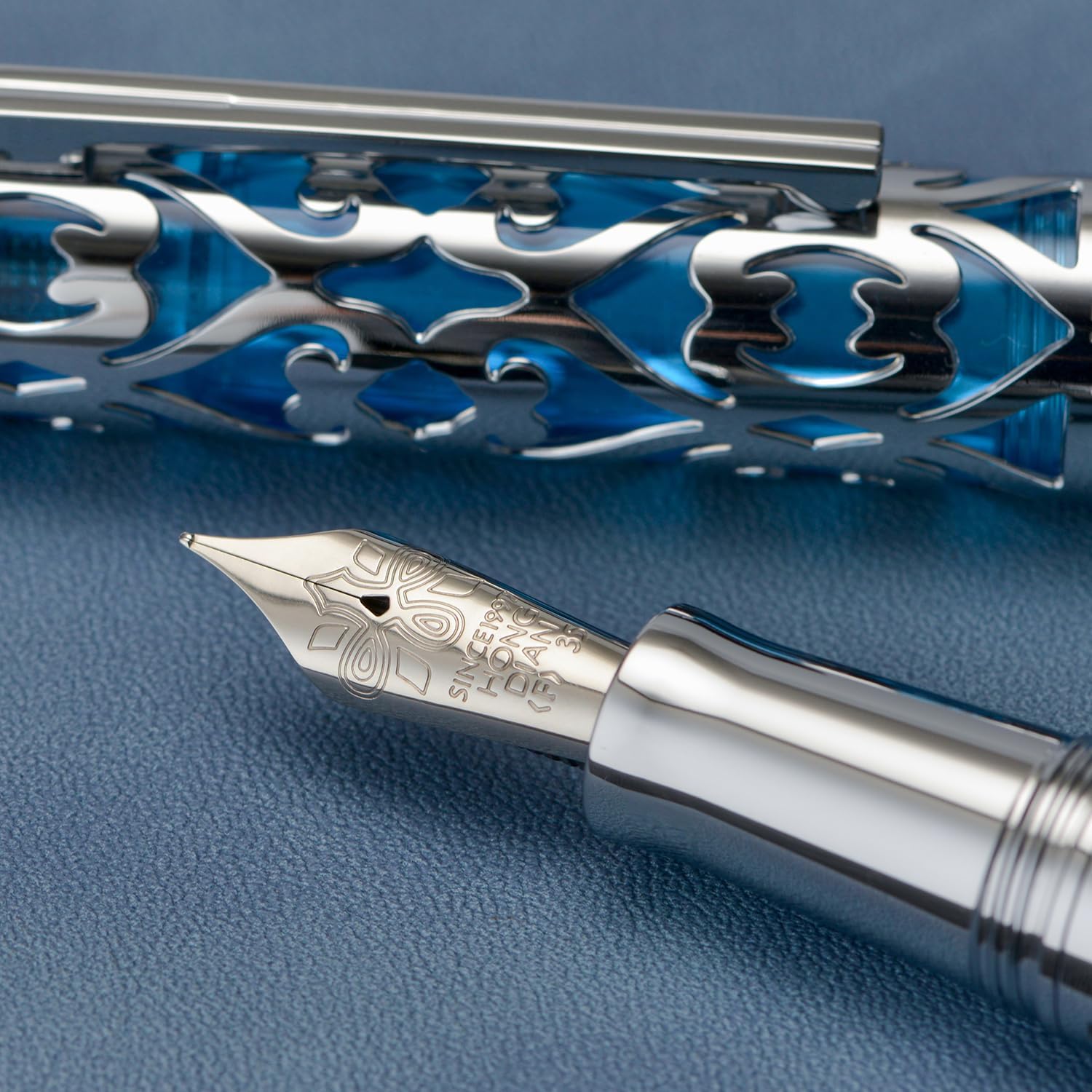 HONG DIAN D1 Piston Fountain Pen Extra Fine Soft Nib, Silver Blue Hollow Skeleton & Resin Pen with Metal Case Set thumbnail