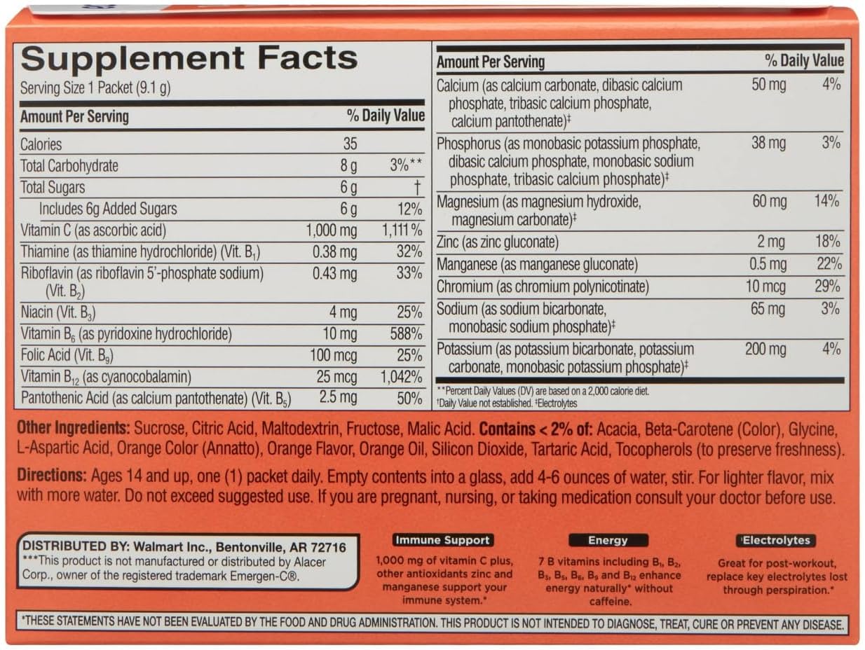 Equate Vitamin C 1000 mg Powder Packets, Orange Flavor Fizzy Drink Mix with B-Vitamins & Zinc, 30 Count Sticker