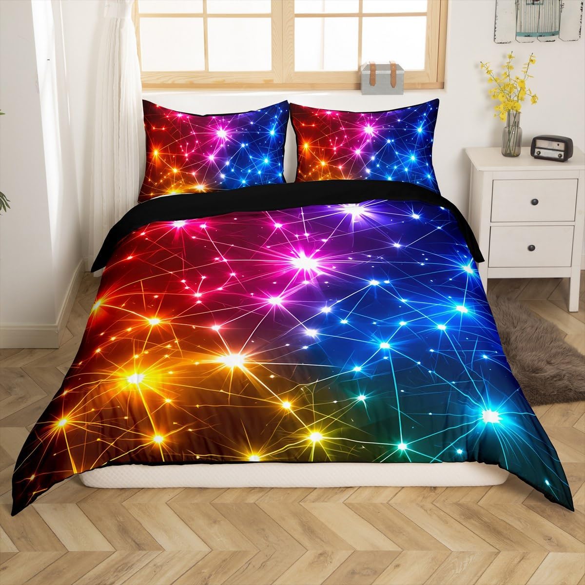 jejeloiu Kids Neon Light Comforter Cover Toddler Size, Cool Lightsaber Duvet Cover Boys Girls Rainbow Laser Bedding Set for Teens Bedroom Decor Soft Quilt Cover 2Pcs (No Comforter)