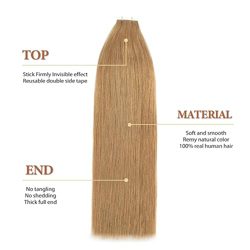 Miniatura 2 de Extensiones adhesivas de cabello lacio, color rubio fresa 27, trama de piel sin costuras, 1.76 onzas, 14 pulgadas, 20 piezas