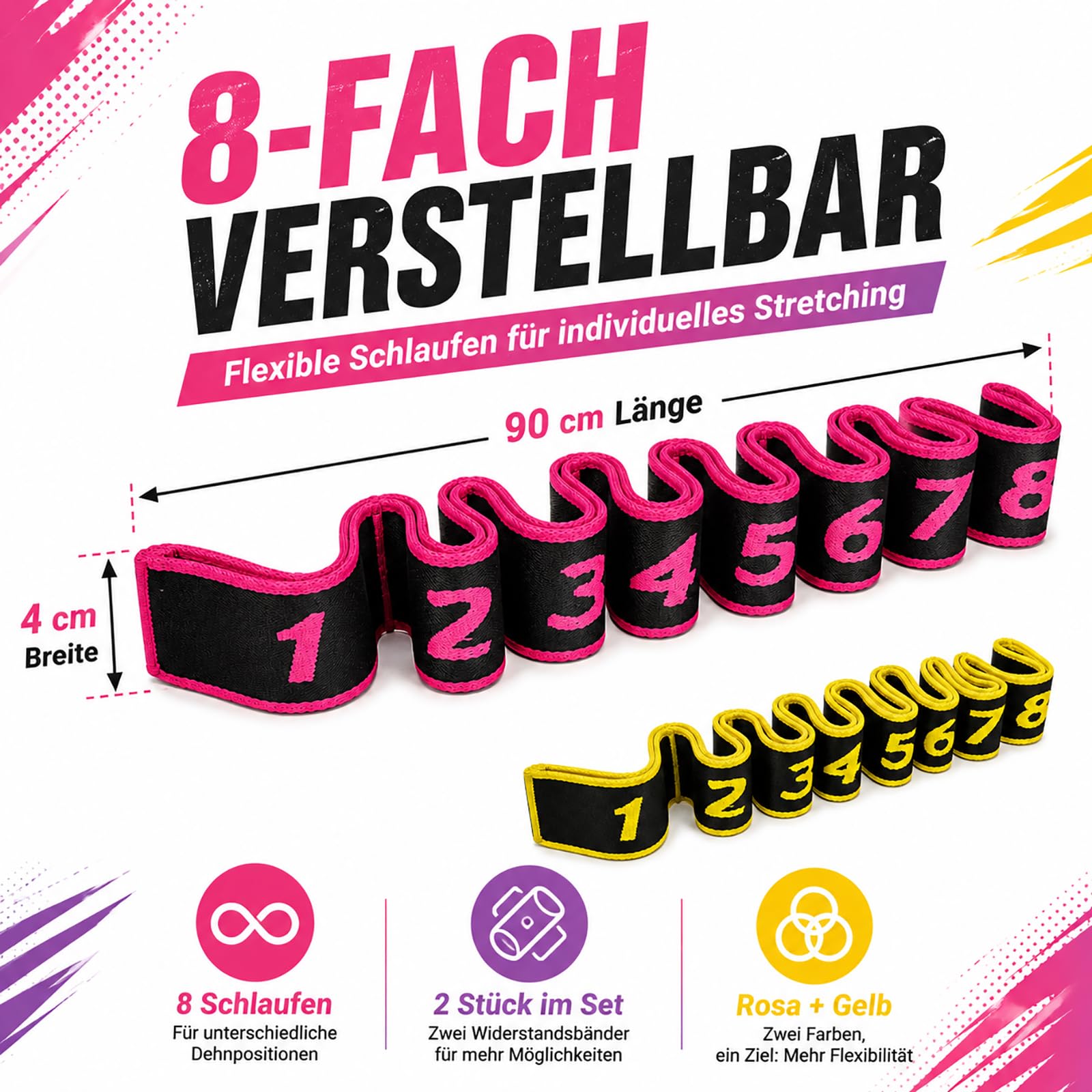 2 Pezzi Fascia Elastica per Yoga, Fasce Elastiche di Resistenza, Bande di Allenamento per Ginnastica, Fascia Esercizio Regolabile con Più Anelli, per Fitness, Danza, Ginnastica (Rosa+Giallo)