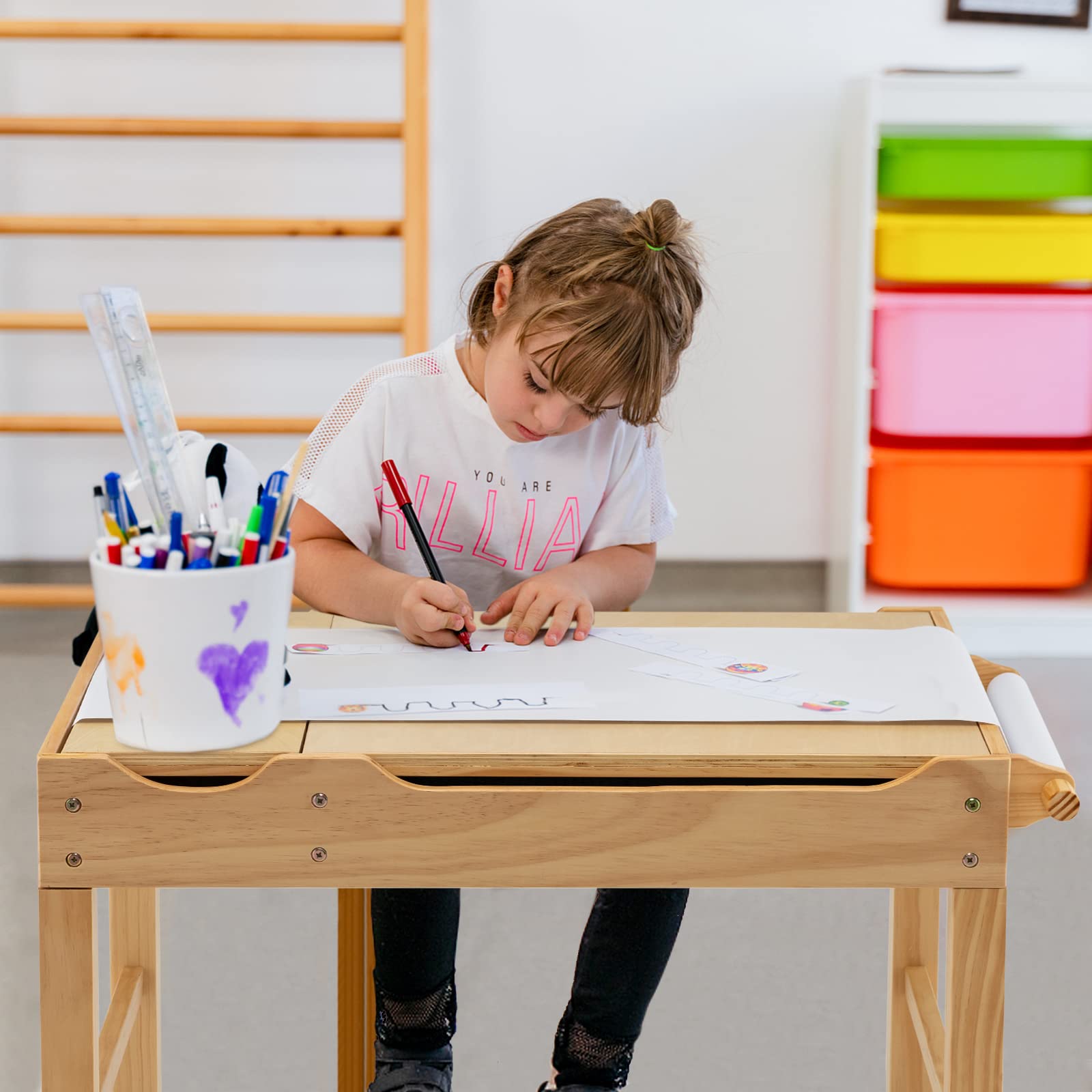 GOPLUS Table d'activités 2 en 1 avec plateau réversible, table de construction pour enfants de 3 ans et plus avec espace de rangement classé, table de jeu en bois avec barre latérale, 86,5 x 60 x 57