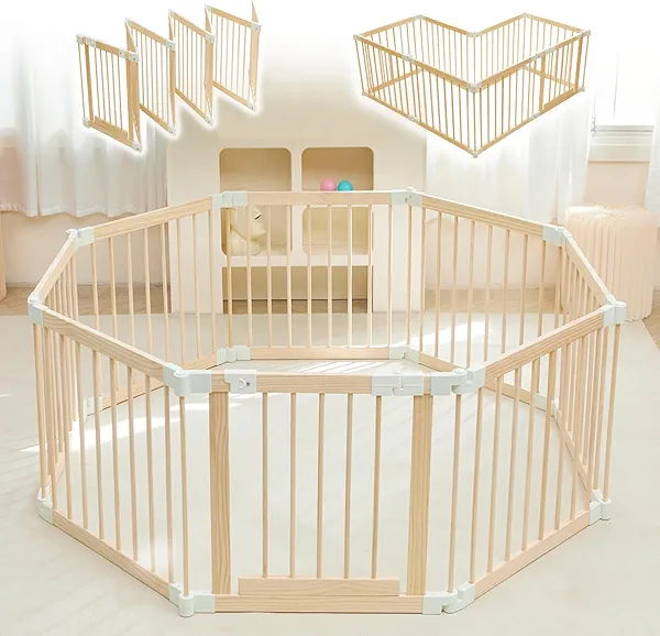 Baby Playpen, Playpen for Babies and Toddlers, Foldable Wooden Play Yard with Gate, Adjustable Baby Activity Center with Child Proof Lock, Fence Play Area for Toddlers 1-3(56 * 56 * 24inches)