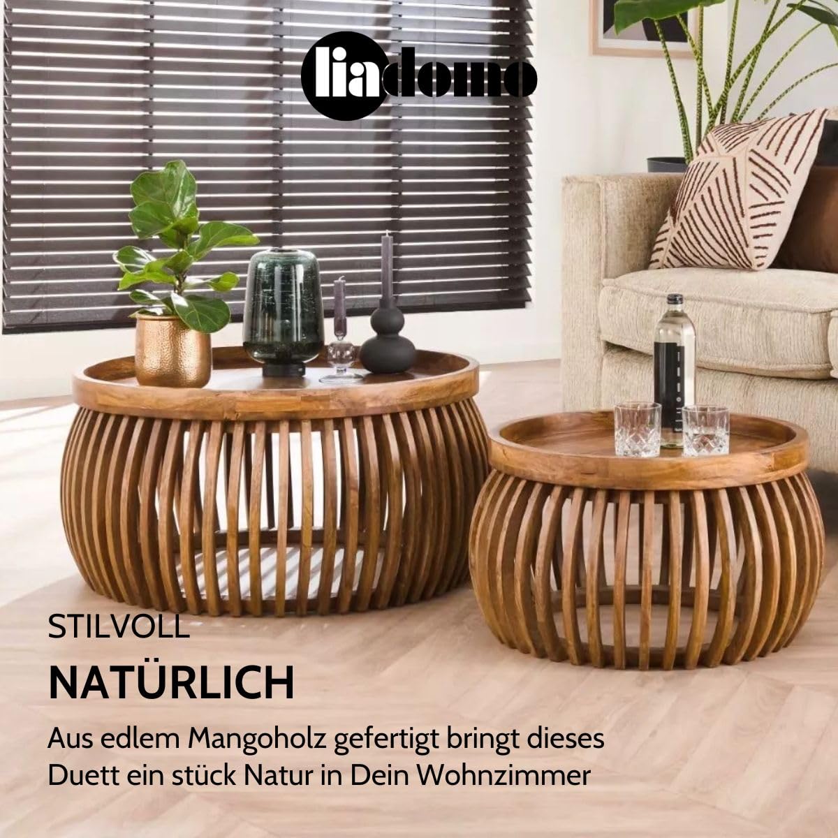 Couchtisch Laos rund 2er Set | Durchmesser 60 und 80 cm, Zweitisch Set, Mangoholz massiv, braun, runde Tischplatte, Holzstreben, erhöhter Rand