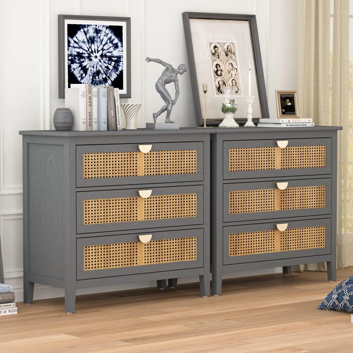 3 Drawer Nightstands, Rattan Drawer Chest Modern Wood Storage Chest of Drawers with Metal Handles Storage Nightstands for Bedroom, Living Room, Hallway, Entryway (Grey)