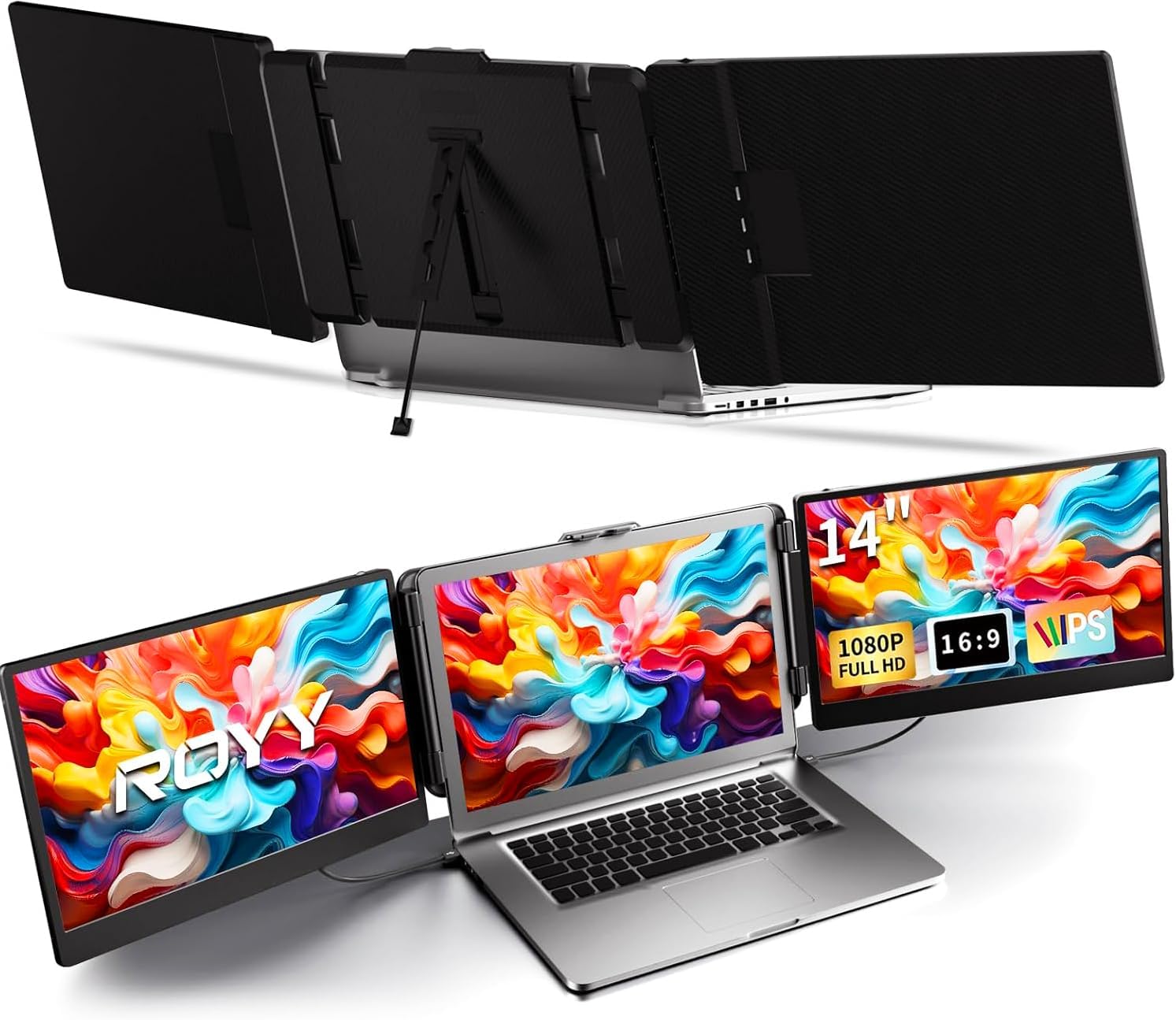 ROYY Laptop Screen Extender Double Monitor - 14" 1080P Portable Monitor FHD Attachment Extra Screen Compatible with Windows Mac Dex Chrome Travel Work Fits 13-17" Laptops