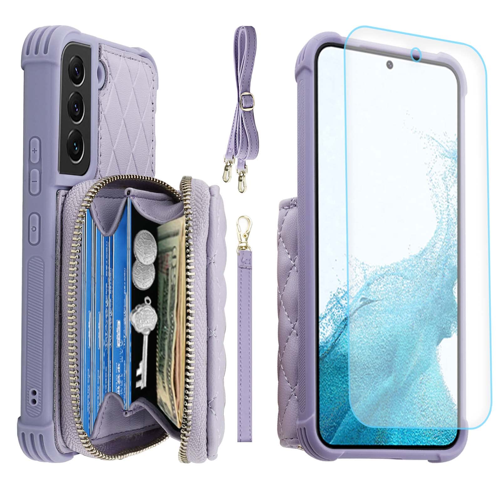 MONASAY Zipper Wallet Case Fit for Galaxy S22+ Plus 5G, [Screen Protector ][RFID Blocking] Flip Leather Handbag Phone Cover with Card Holder and