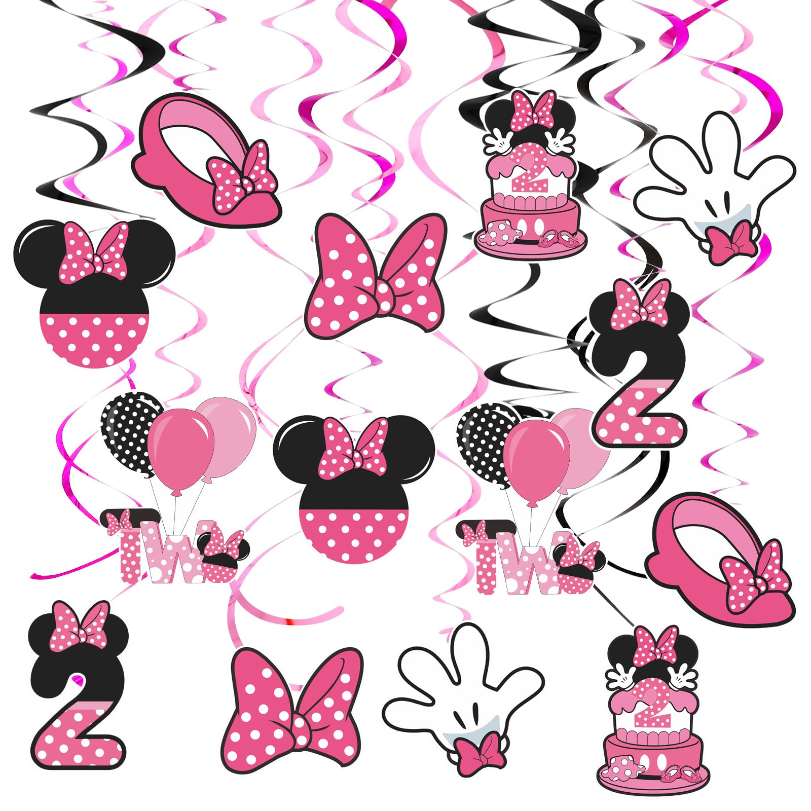 Pink 2nd Birthday Hanging Swirl Decorations,Mouse Birthday Party Ceiling Streamers,Pink Mouse Theme Party Supplies,Party Favors for Girls Kids(38 Pcs)